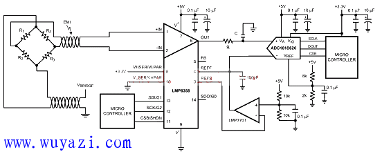 用LMP8358設計的差分橋接感測器應用電路圖