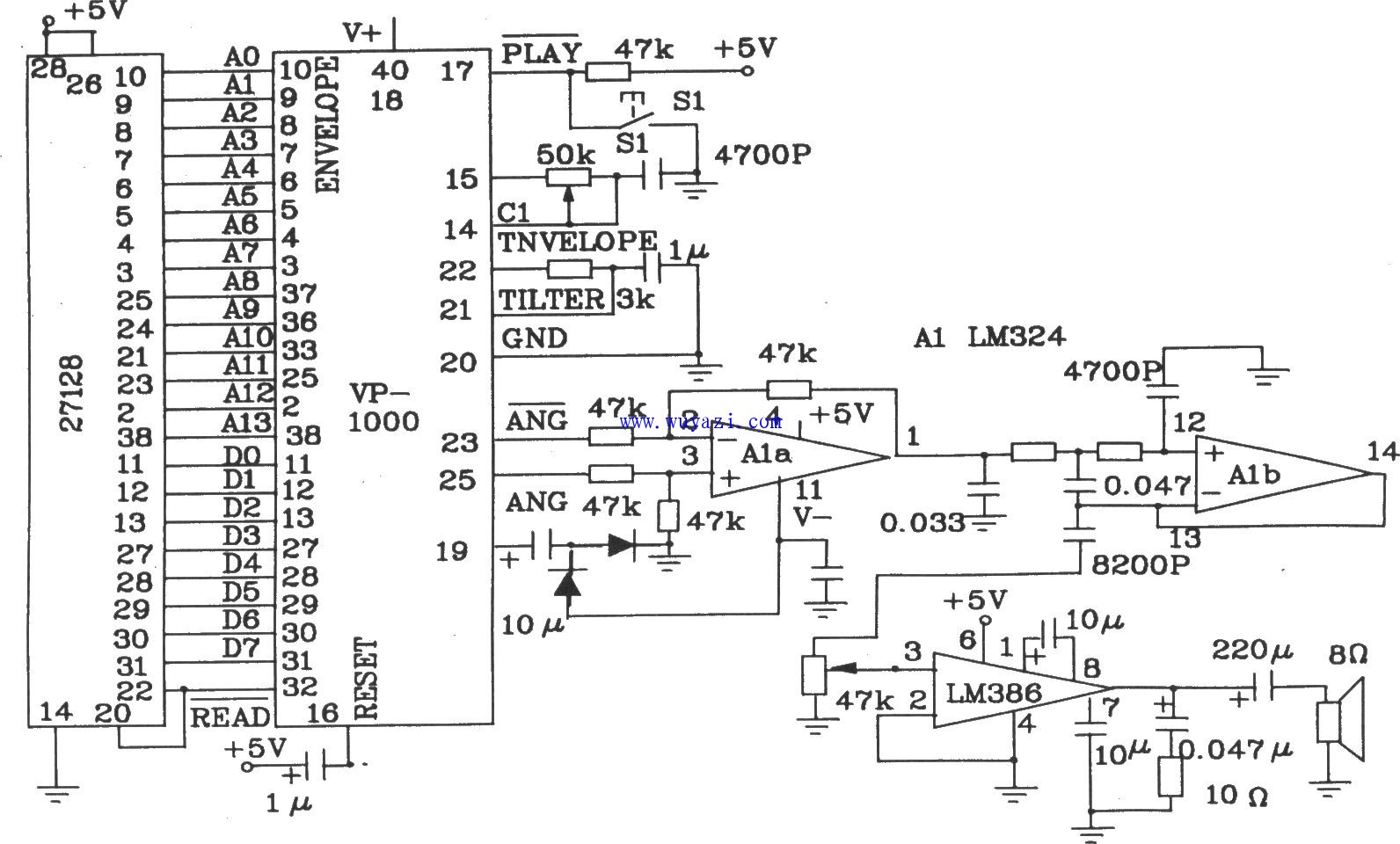 語音合成晶元VP-1000和EEPROM組成的放音電路圖
