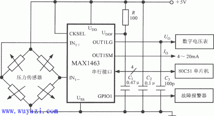 MAX1463構成的高精度壓力檢測系統電路圖