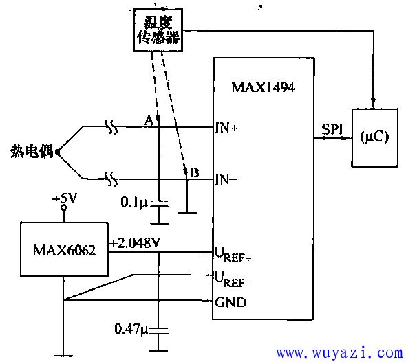 由MAX1494和熱電偶構成的測溫儀電路圖