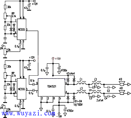 NE555與TDA1521共同組成的D類數字功放電路