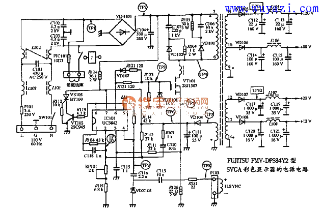 FUJITSU FMV-DPS84Y2型SGVA彩色顯示器電源電路圖