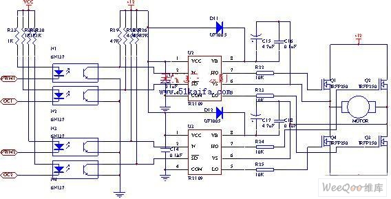 採用IRFP250功率管的H橋式電機驅動電路圖