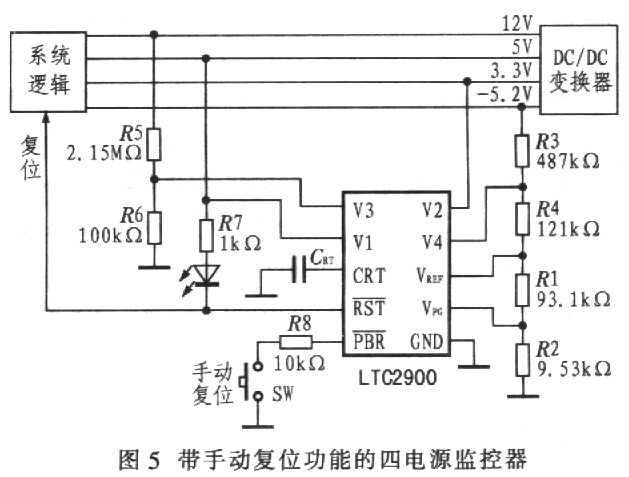 LTC2900組成的帶手動複位功能的四電源監控器電路