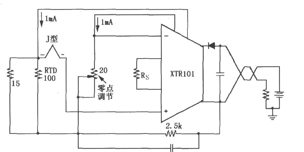 XTR101構成的具有RTD冷端補償的熱電偶輸入電路