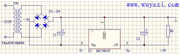 輸出-5V直流電壓的穩壓電源電路圖