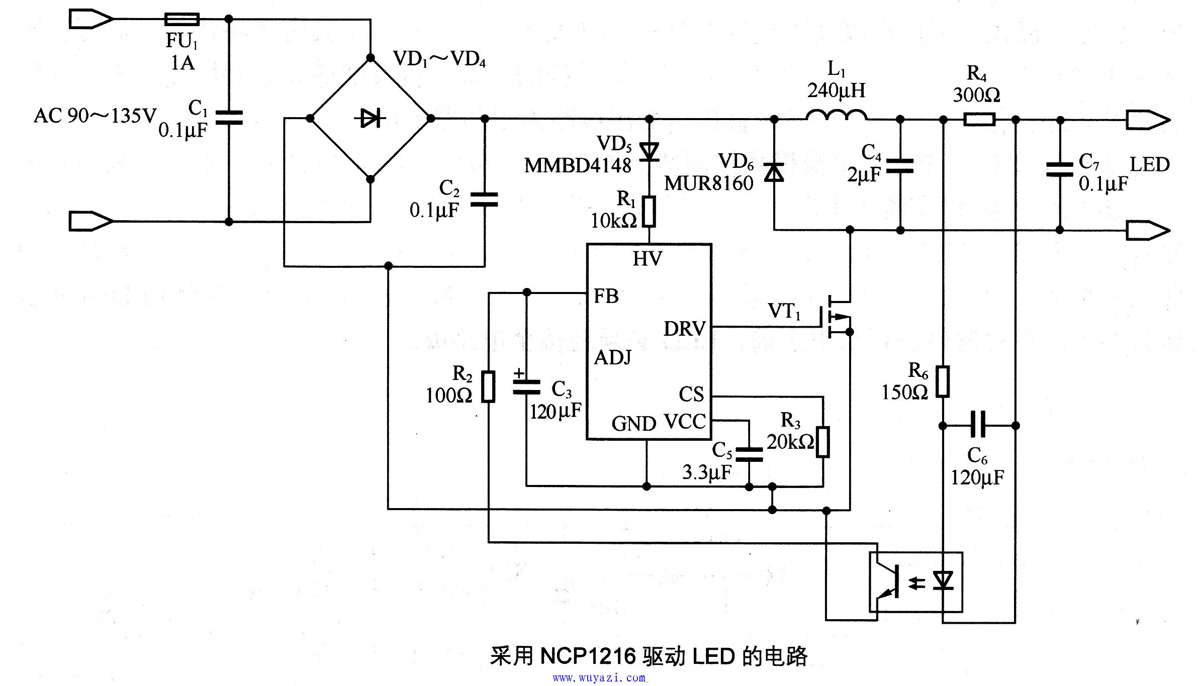 採用NCP1216驅動LED的電路