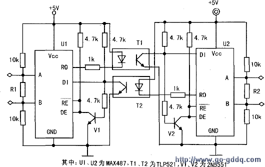 採用MAx487,光耦TLP521組成的RS485中繼器電路