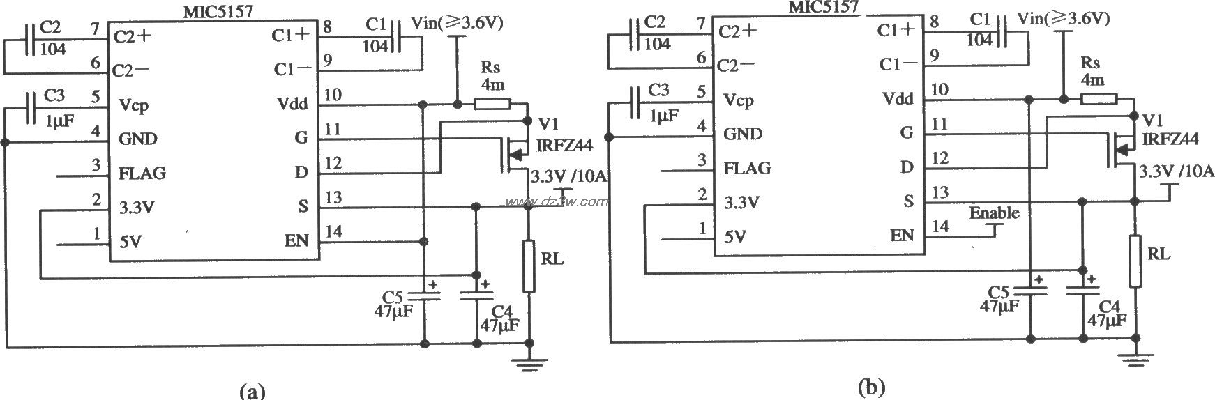 由MIC5157構成的輸出3.3 V／lOA的線性穩壓器電路