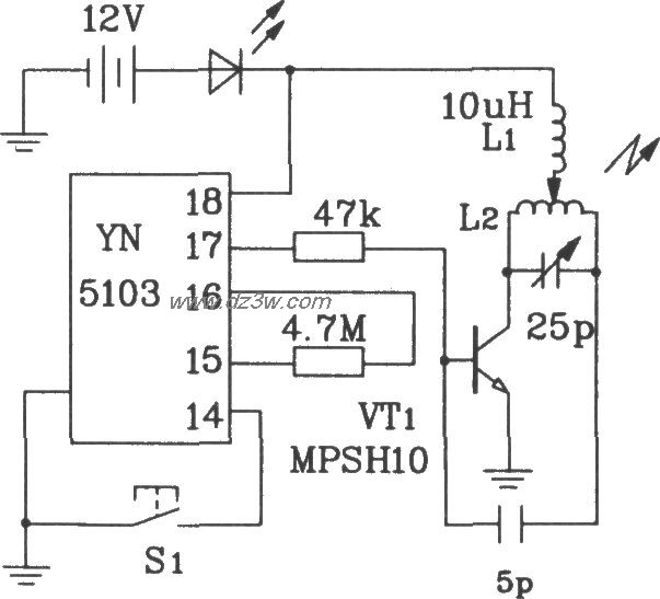 YN5103構成的射頻遙控編碼發射電路