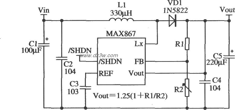 MAX867構成的輸出電壓可以調節的應用電路