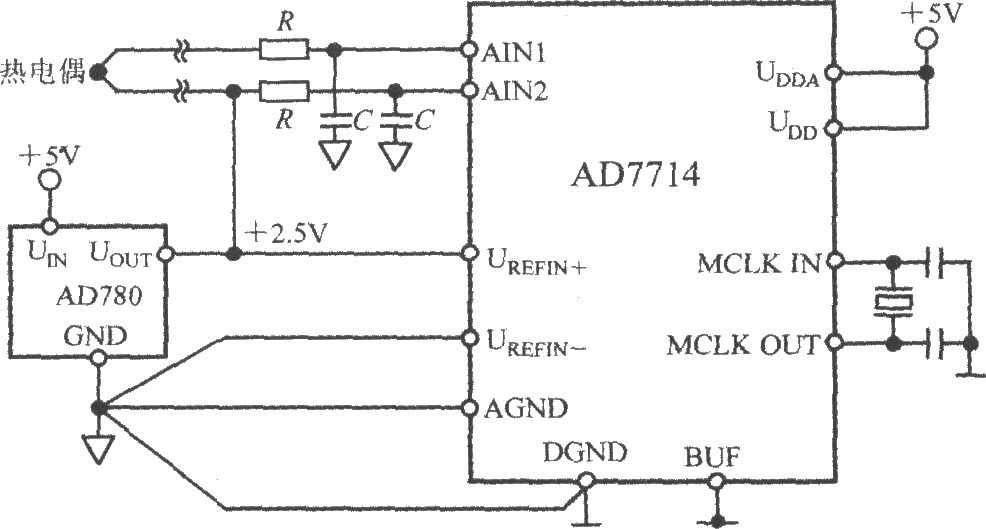 AD7714和熱電偶構成的測溫電路圖