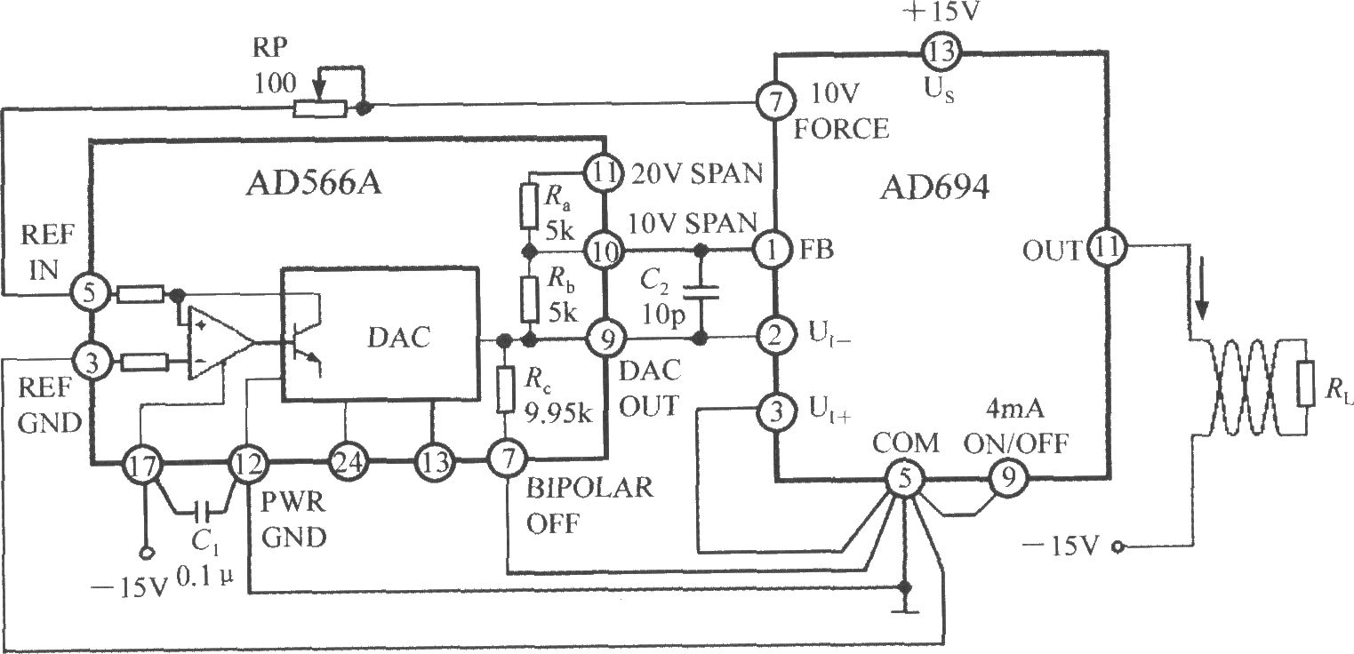 AD694用作數模轉換器(DAC)的電流環介面電路