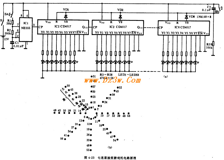 CD4017組成的七連星抽獎遊戲機電路圖