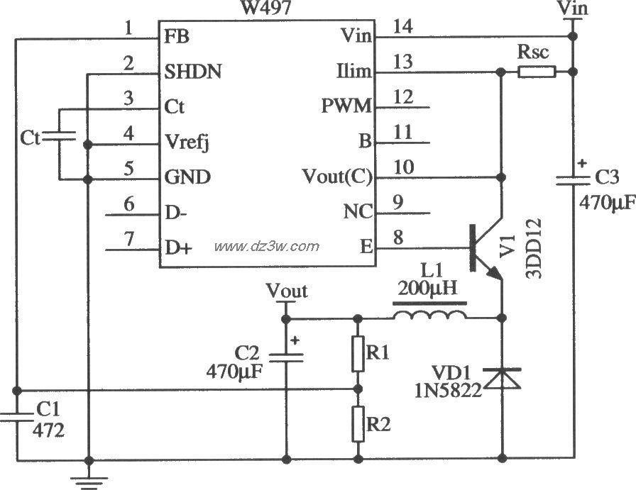 W497的降壓型擴流應用電路