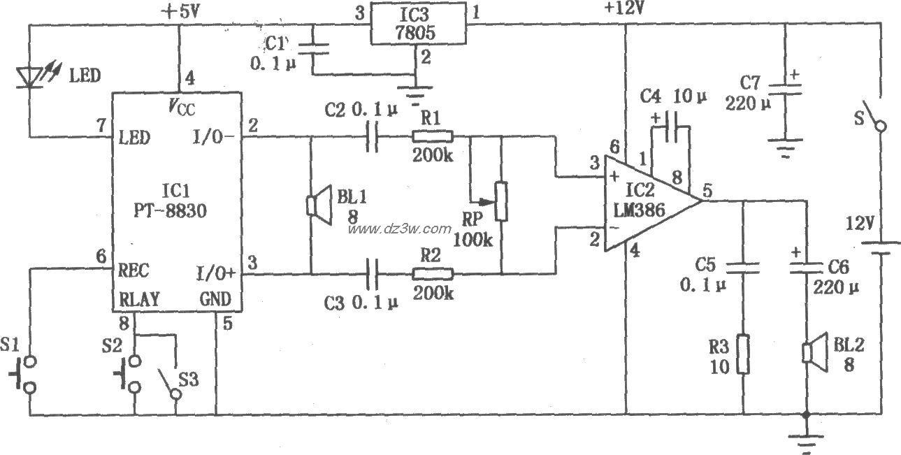 電子吆喝器(LM386、PT-8830)電路