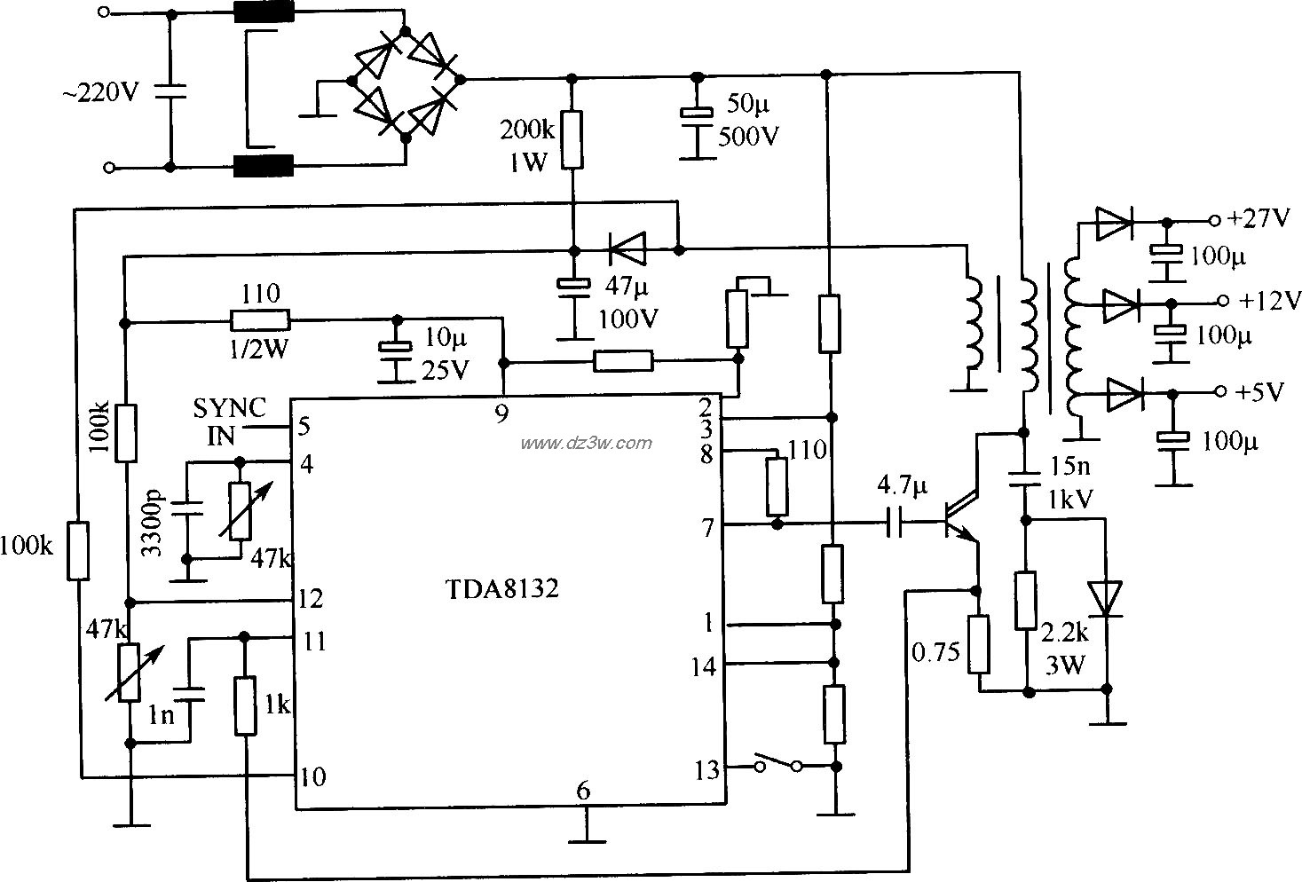 TDA8132基本應用電路（開關穩壓電源）