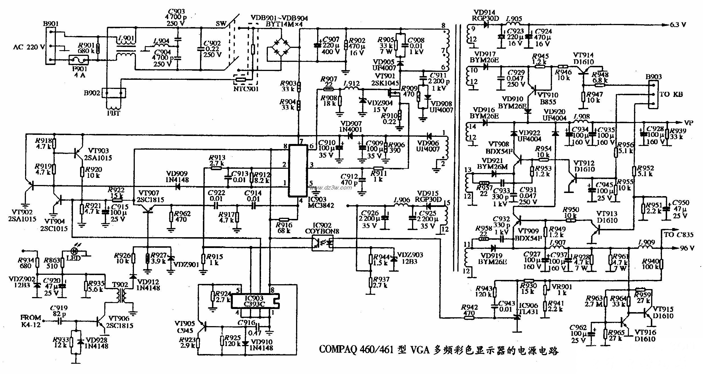 COMPAQ 460/461型VGA多頻彩色顯示器的電源電路圖