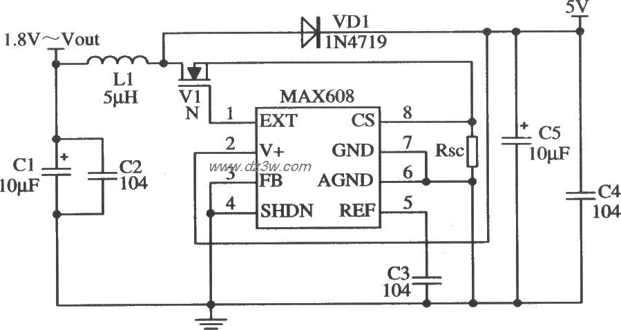 MAX608構成固定5V輸出的應用電路