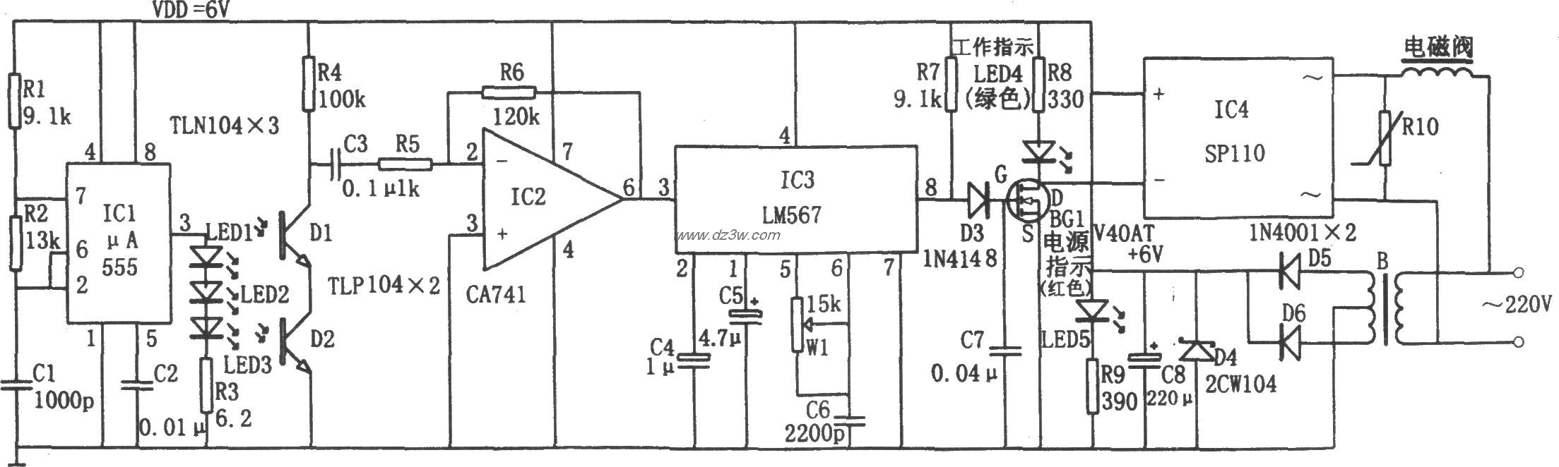 紅外自動水龍頭控制器電路(555、LM567、SP110)