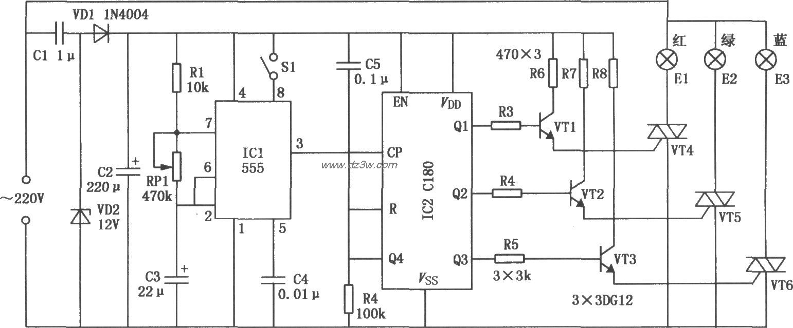 循環彩燈控制電路(555、C180)