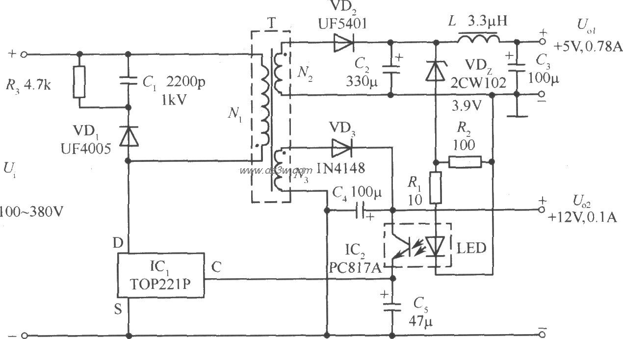 TOP221P構成的 5V、 12V雙路輸出4W反激式開關穩壓電源電路