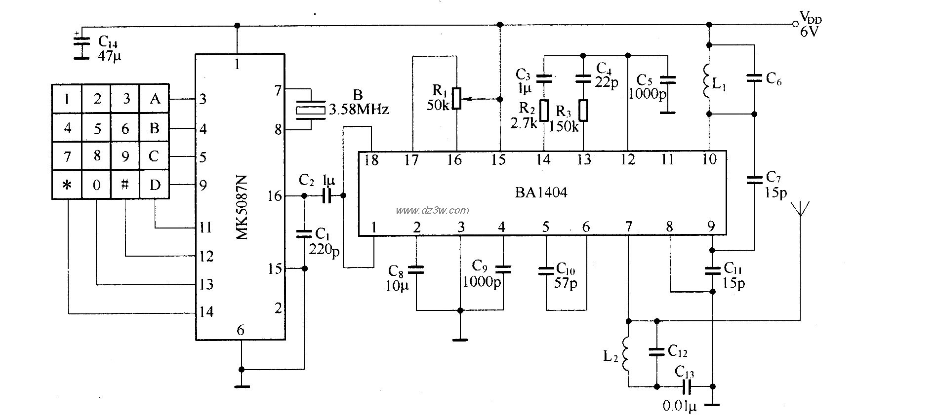 DTMF編碼十六通道遙控電路(BA1404/TDA7021T)