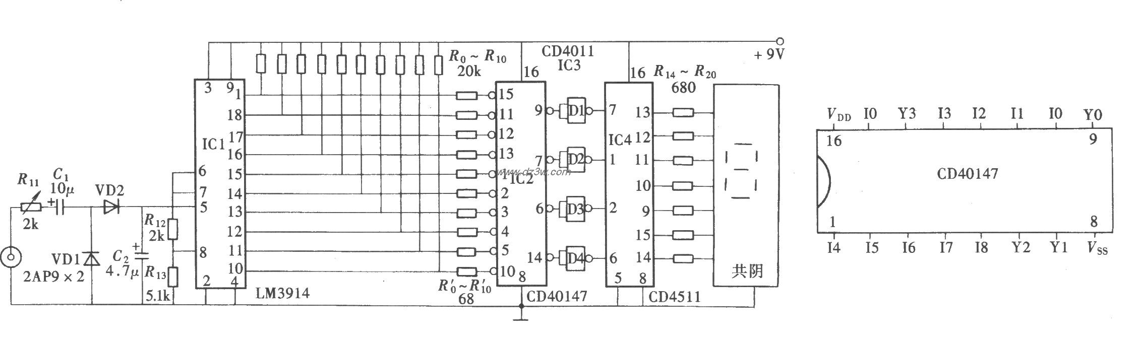 數字式電平顯示器(CD40147、CD4511)