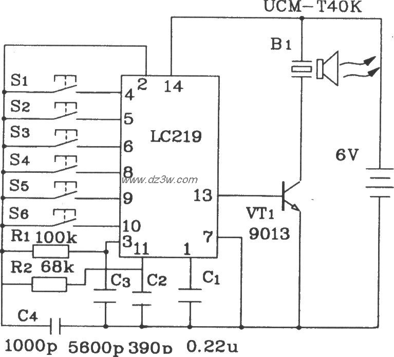 LC219/220A構成超聲波6路遙控接收應用電路圖