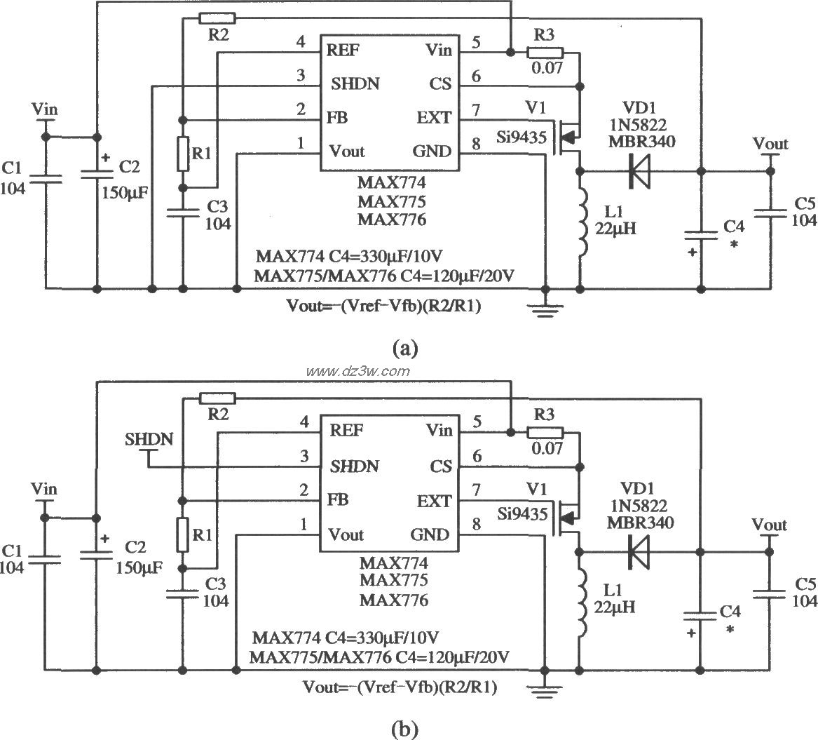 MAX774/MAX775構成輸入電壓在4.5V以上的輸出電壓可調的應用電路
