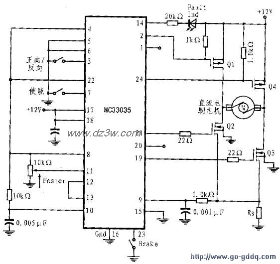 用MC33035組成的H型電機有刷型控制器電路
