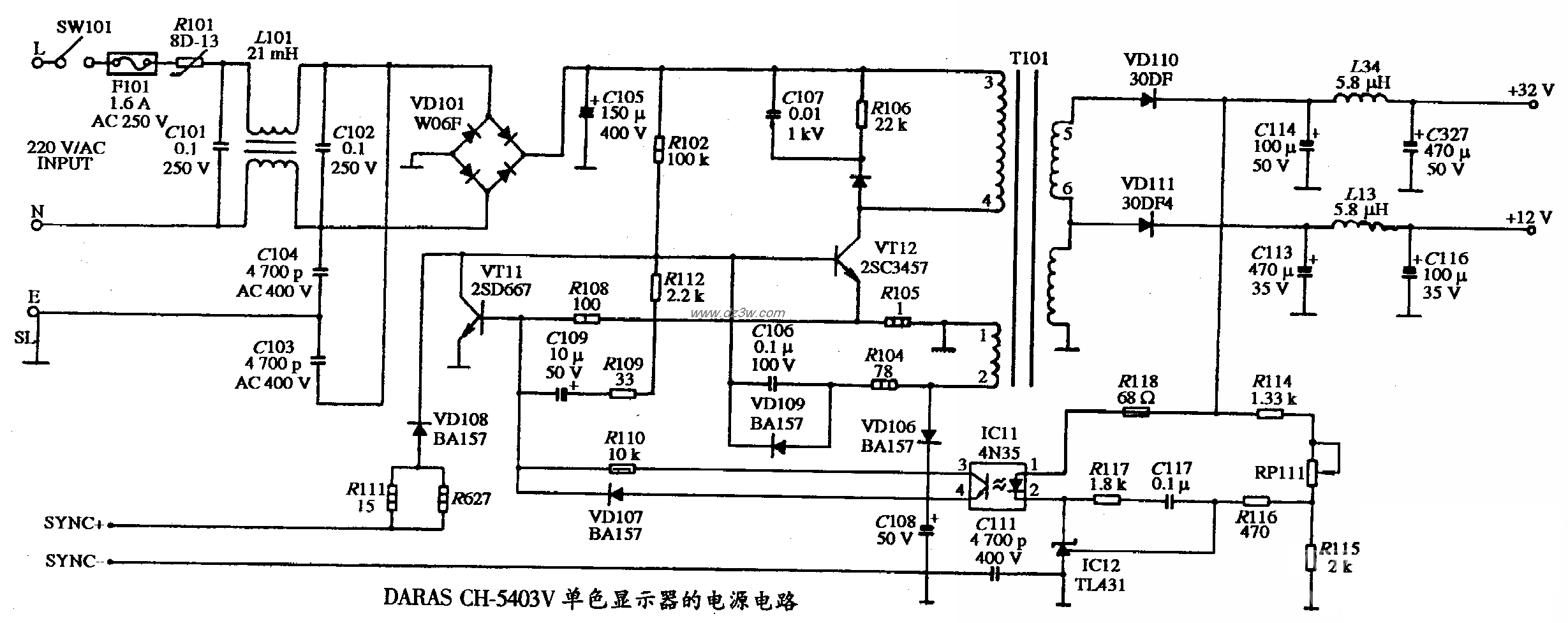 DARAS CH-5403V型單色顯示器的電源電路圖