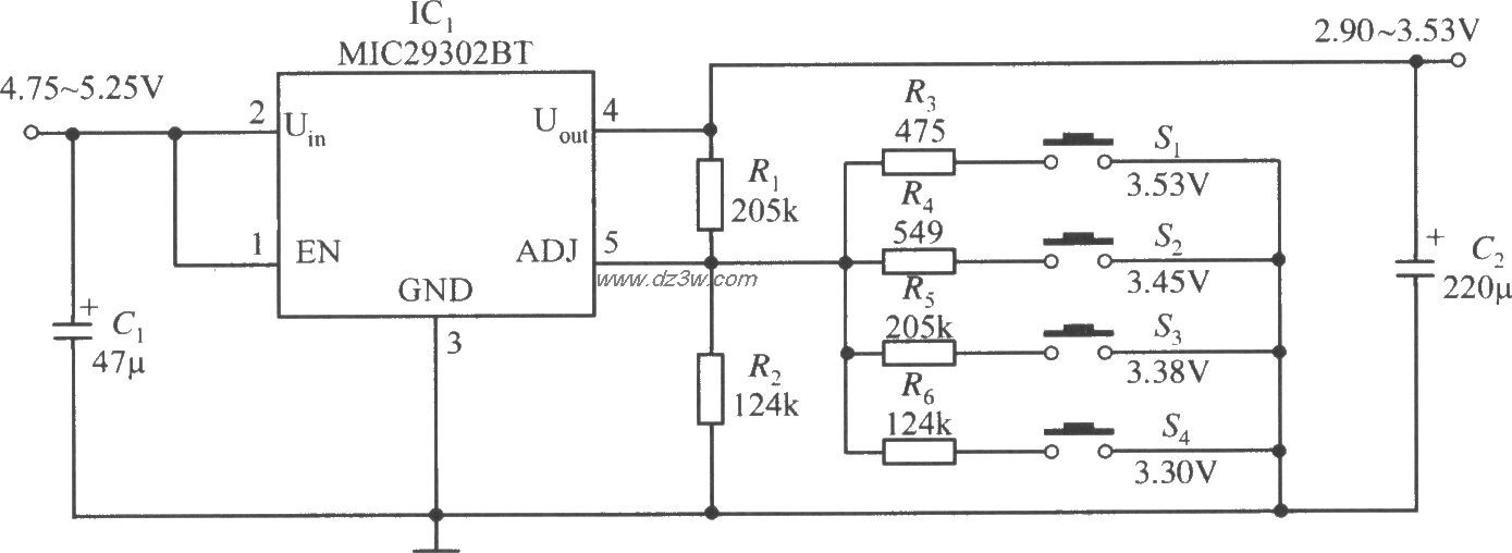 MIC29302構成的輸出電壓可分擋選擇的穩壓器電路