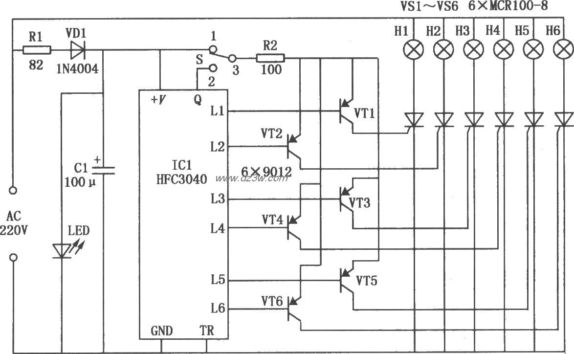 HFC3040構成的六路循環彩燈控制電路