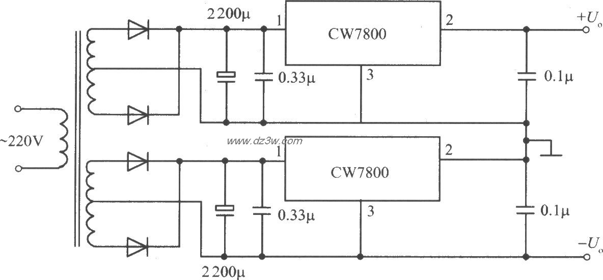 CW7800構成的正、負電壓同時輸出的集成穩壓電源電路