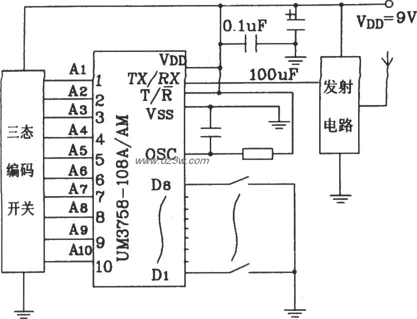 UM3758-108A/AM構成的遙控編碼發射電路