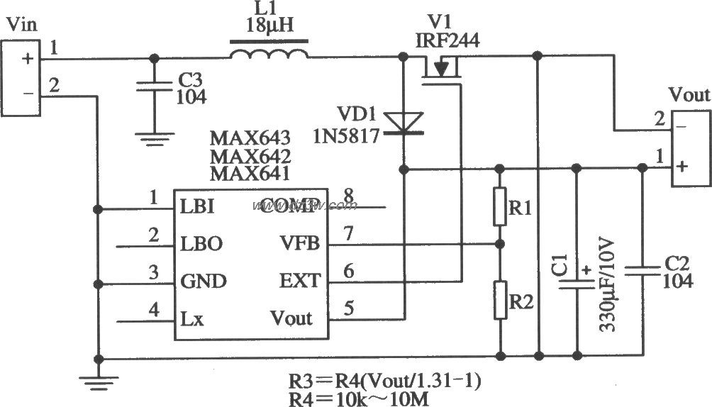 MAX641/MAX642構成的輸出電壓可調的應用電路