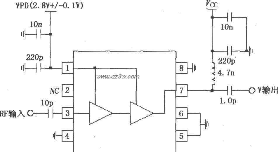 由RF2324構成的1880MHz內部集電極偏置放大器應用電路