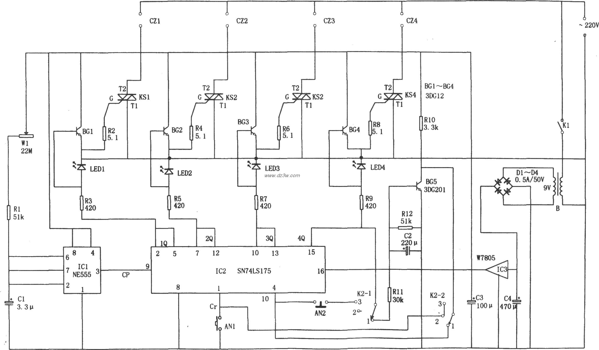 SN74LS175構成的流動燈飾程序控制電路