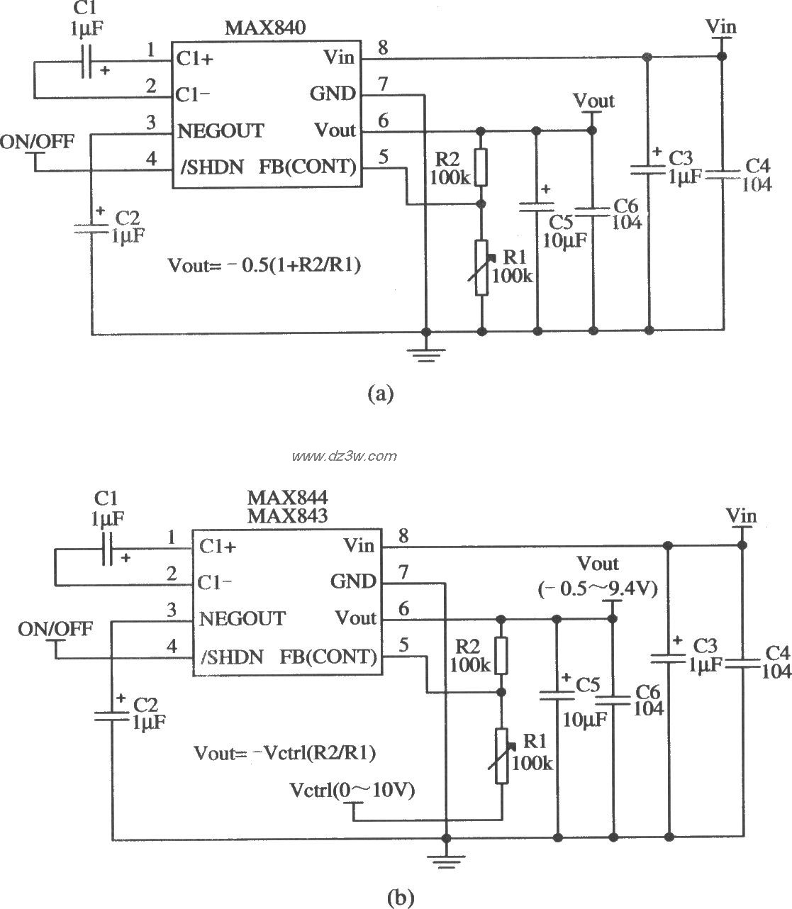 MAX840/MAX843構成輸出電壓連續可調的應用電路