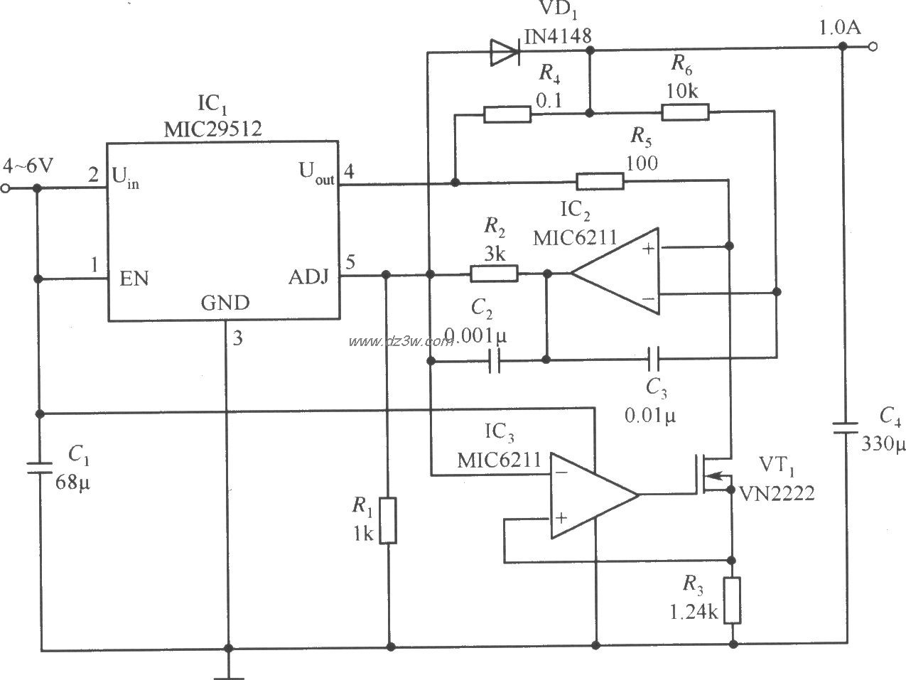 MIC29152構成的輸出電流為1.0A的恆流源電路
