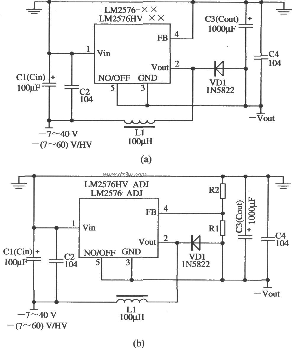 LM2576構成的負電壓輸入和負電壓輸出的穩壓器應用電路