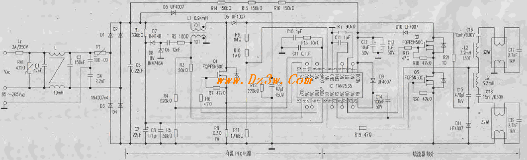FAN7535組成的32W雙管熒光燈電子鎮流器電路