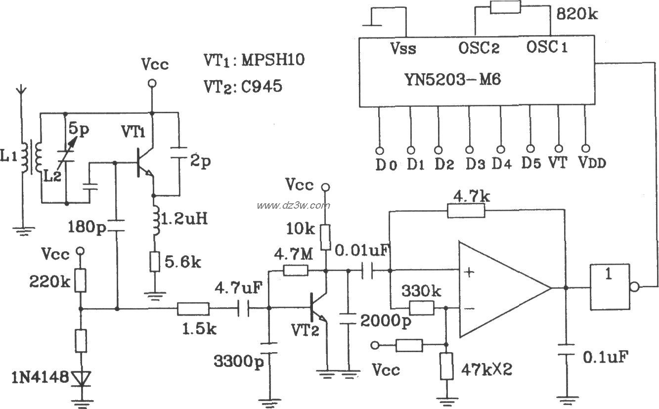 YN5203構成的射頻遙控解碼接收電路