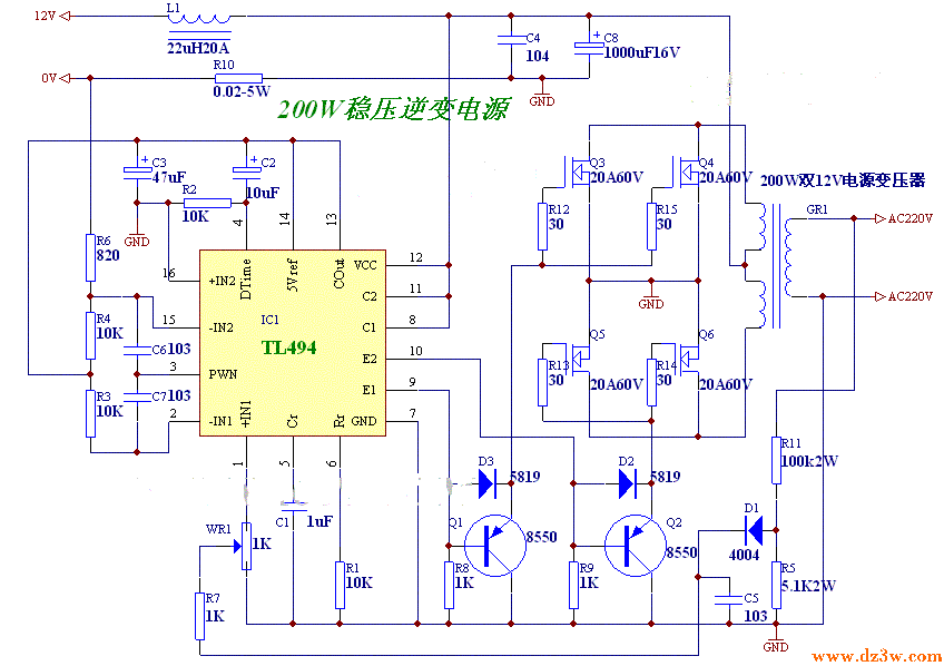 TL494組成的200W逆變器電路圖