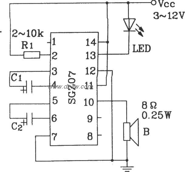 由SGZ07聲光報警集成電路構成雙頻率聲光信號源電路