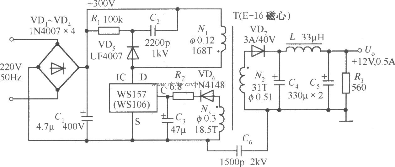 WS157構成的 12V、0.5A單片開關穩壓電源電路