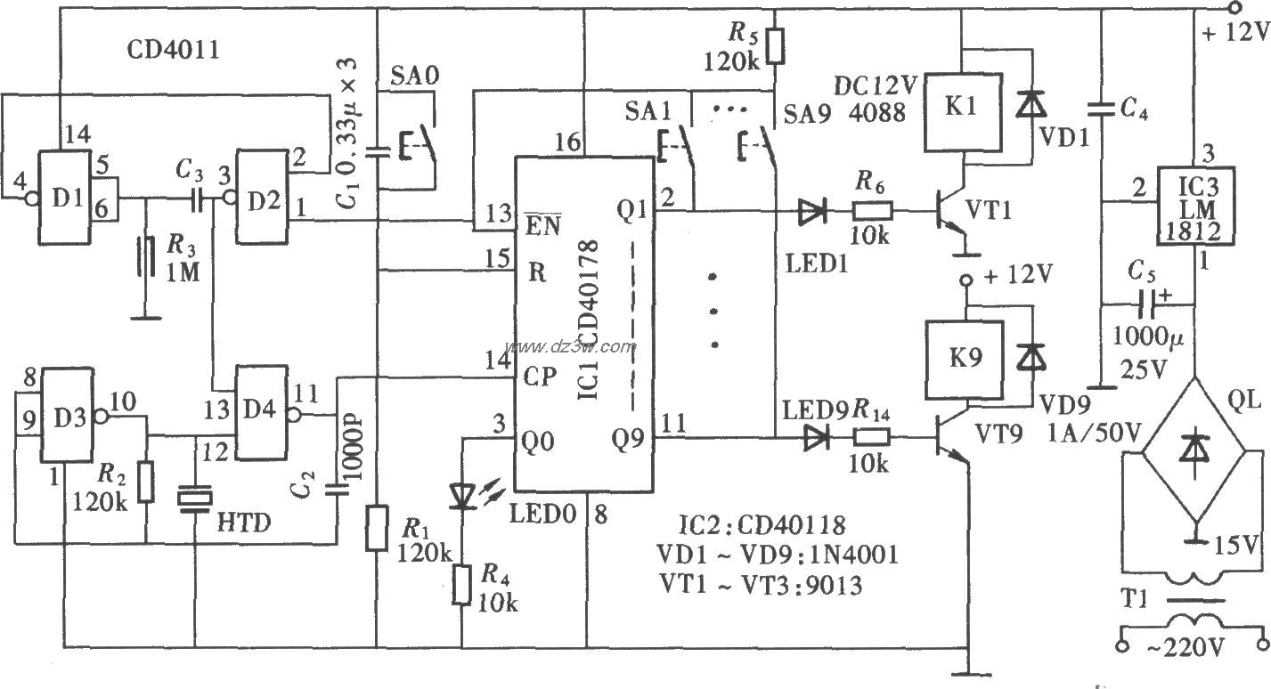 帶聲光指示功能的十擋互鎖開關(CD4011、LM1812)