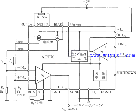 鉑熱電阻信號調理器內部電路框圖及典型應用電路