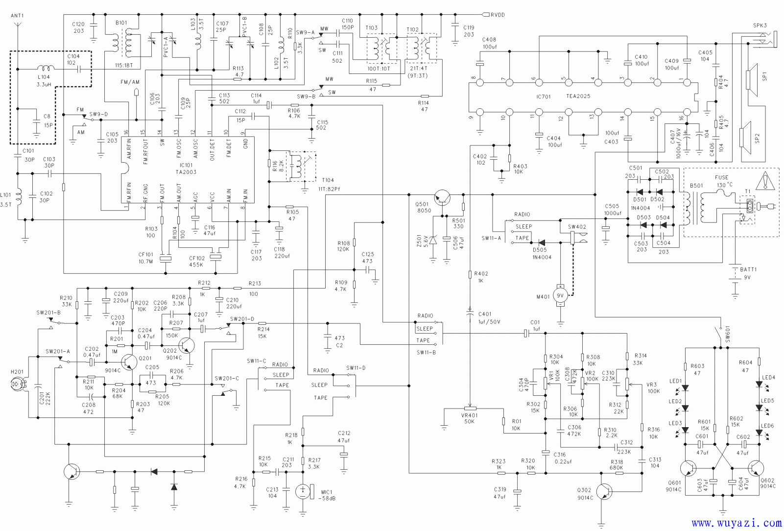 AM/FM收錄機電路圖 (由TA2003+TEA2025組成)